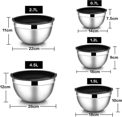 HaWare Edelstahl Rührschüssel Set Schwarz Stapelbar 5 Größen 4.5L 2.7L 1.5L 1.2L