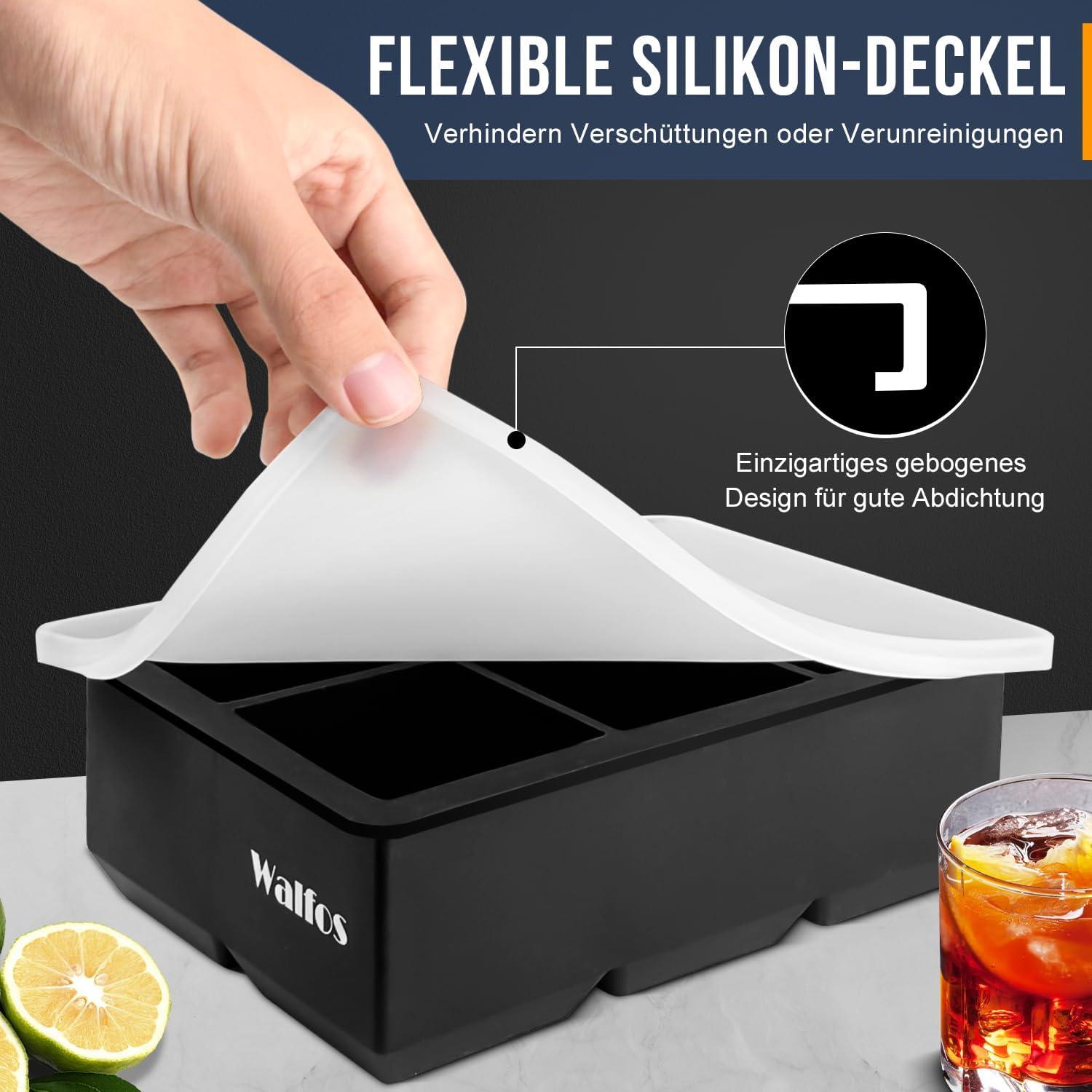 Walfos Silikon-Eiswürfelform 2er-Pack große flexible Eiswürfel mit Deckel BPA-frei