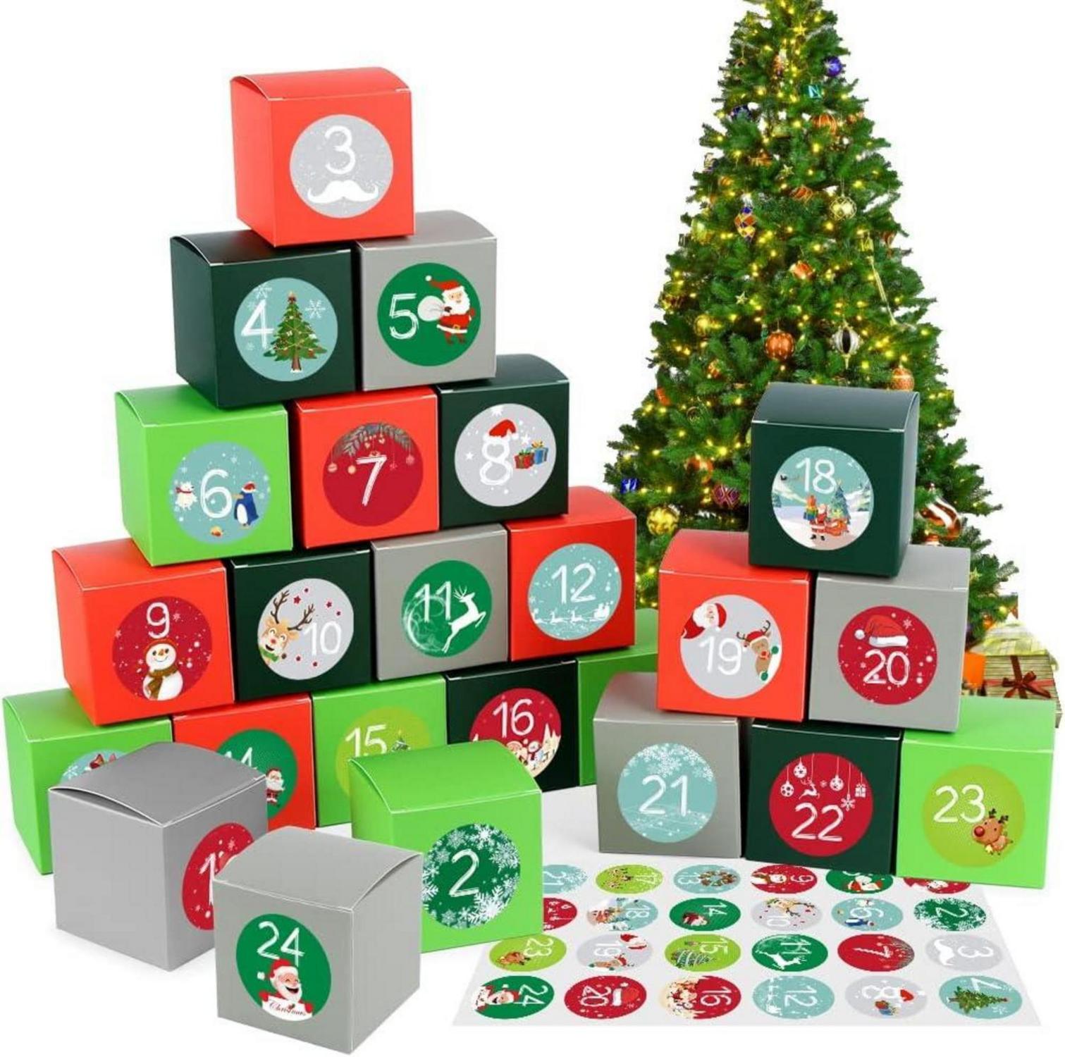 Adventskalender zum Befüllen 24 DIY Kisten Set Grün Rot Grau