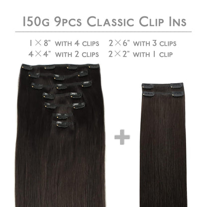 Clip-in Haarverlängerung Echthaar Dunkelbraun 60cm 150g