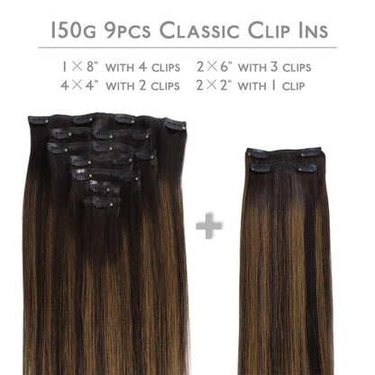 Clip-In Haarverlängerung Echthaar Dunkelbraun-Kastanienbraun 60cm