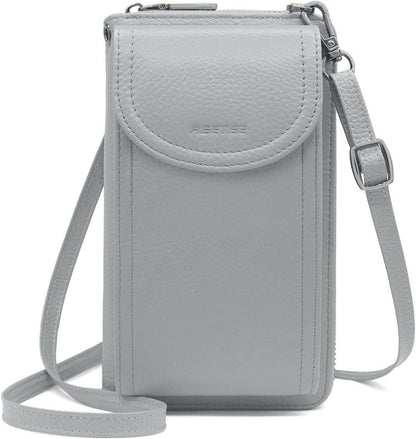 Handytasche Damen Umhängetasche RFID Leder Viele Fächer Crossbody Grau