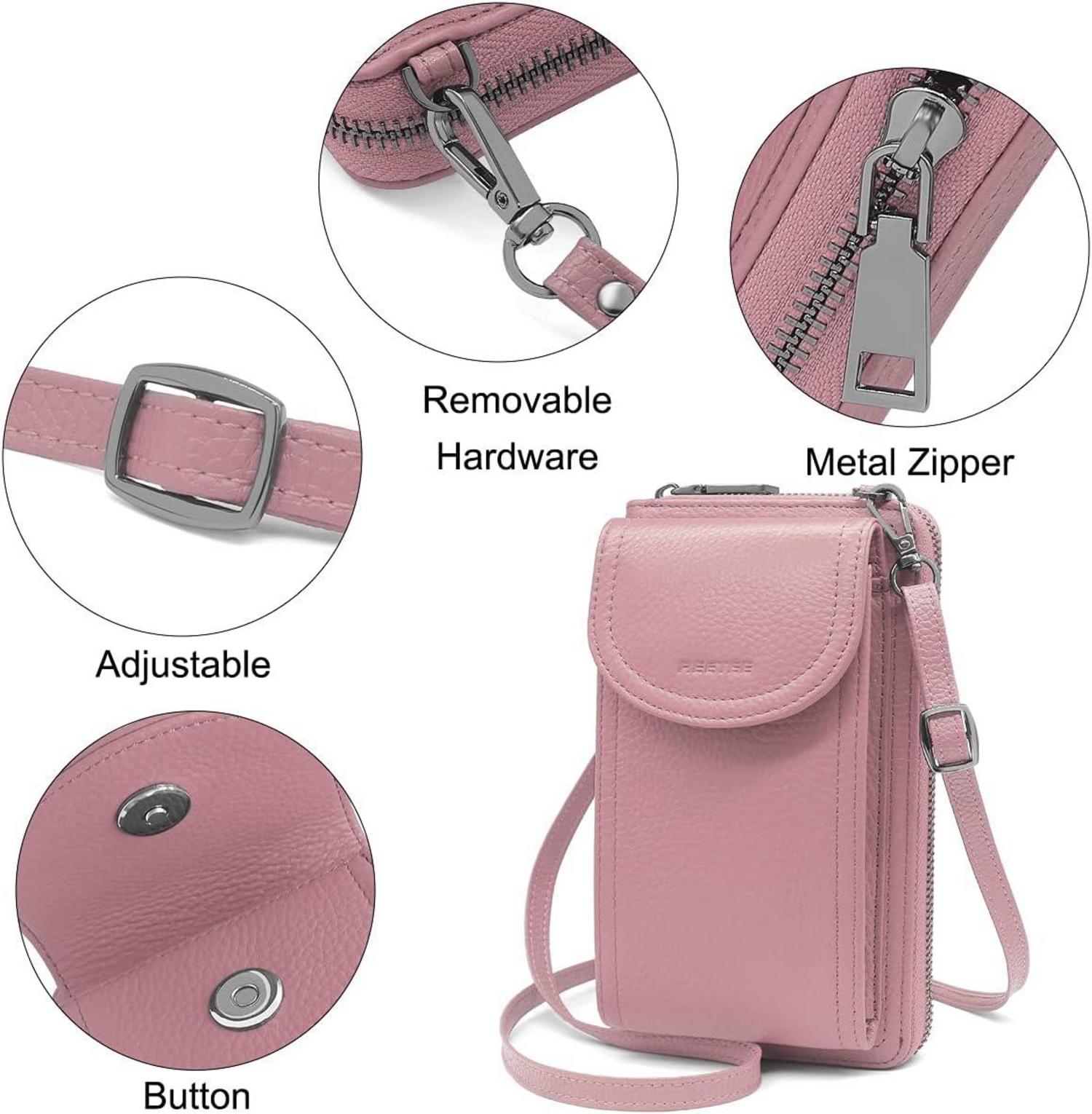 Handytasche Damen Leder RFID Umhängetasche Rosa 12 Kartenfächer