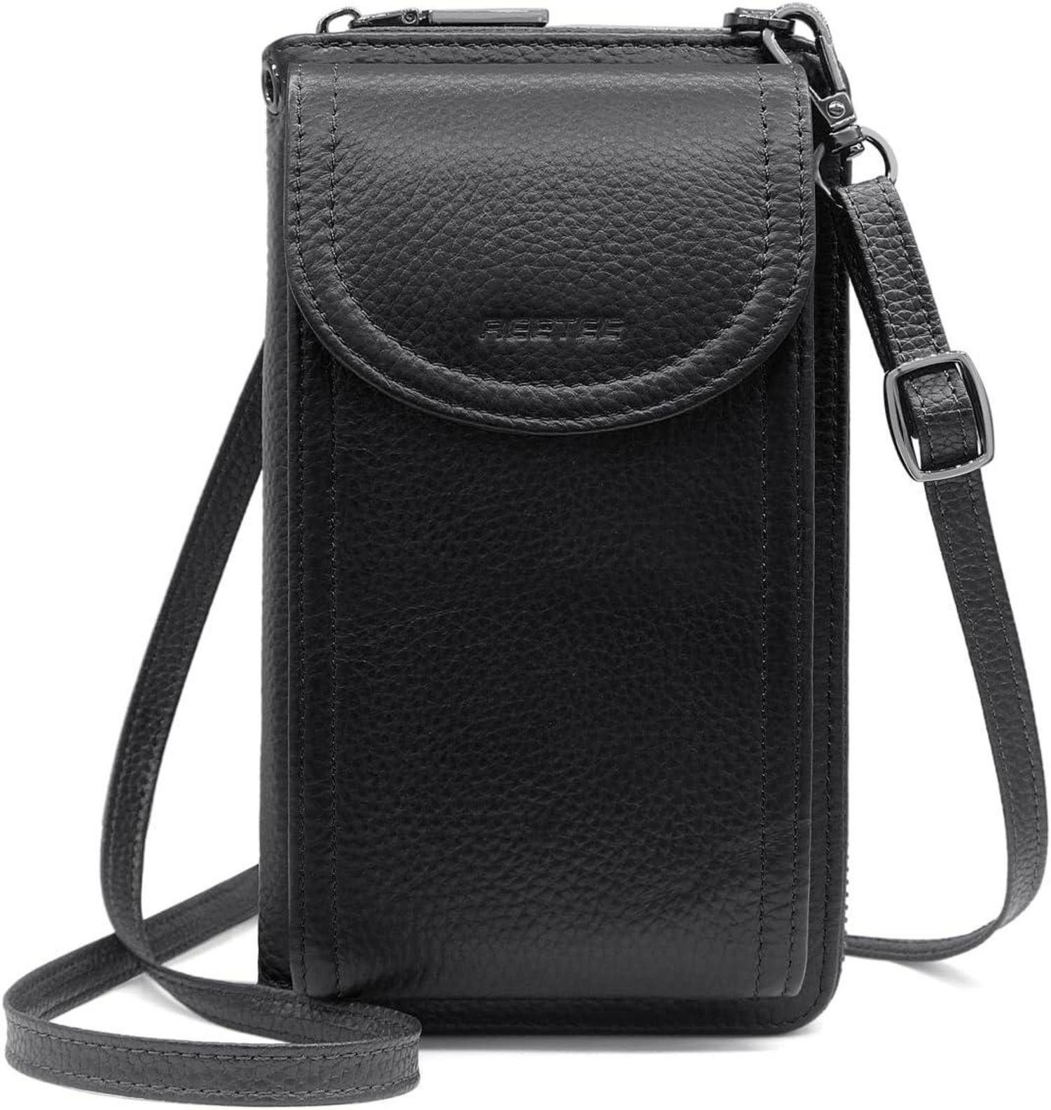 Handytasche Damen RFID Leder Umhängetasche Schwarz 12 Kartenfächer