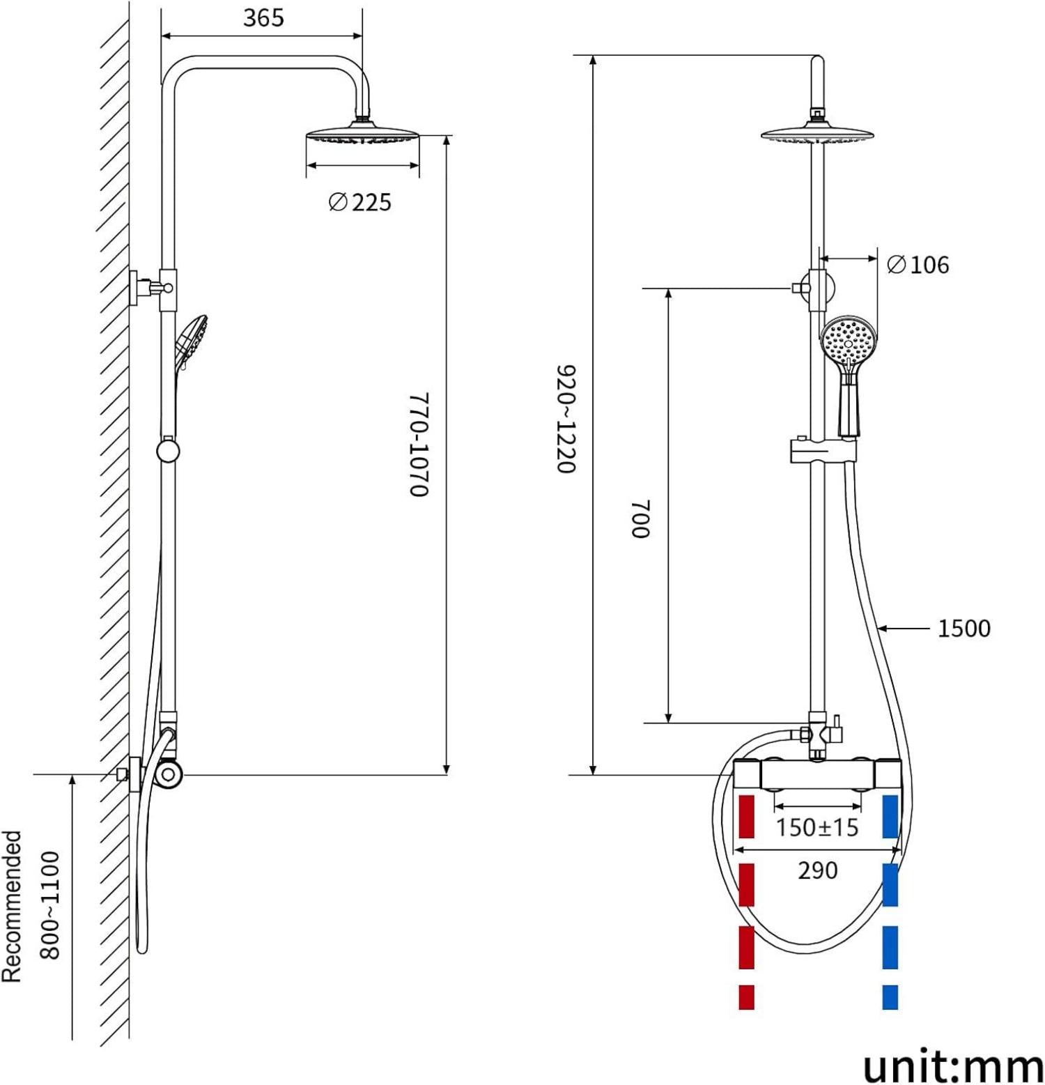 Duscharmatur Thermostat Edelstahl Regendusche Höhenverstellbar