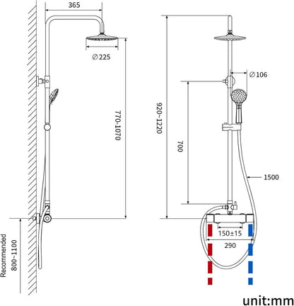 Duscharmatur Thermostat Edelstahl Regendusche Höhenverstellbar