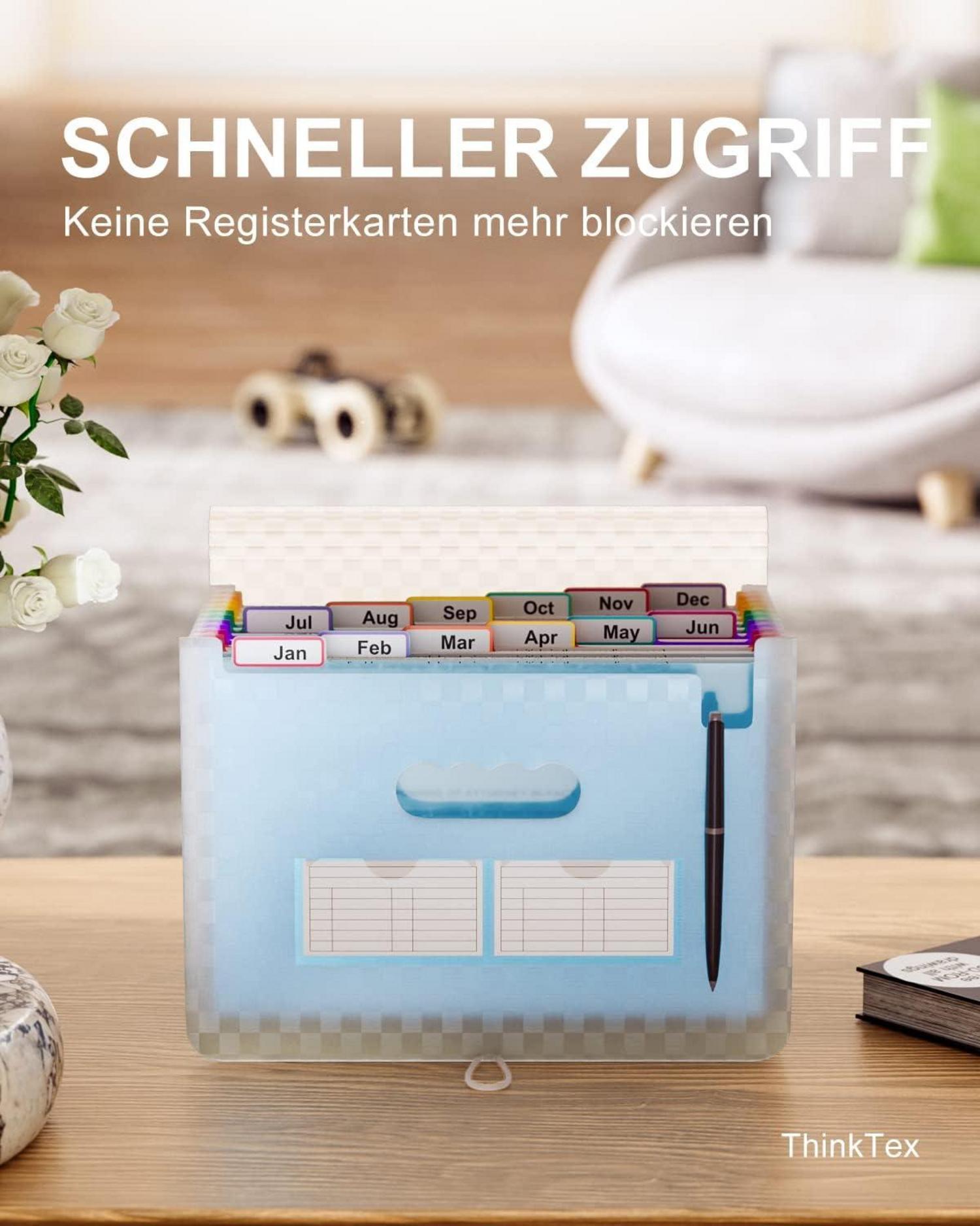 Akkordeon Aktenordner 12 Fächer erweiterbar tragbar monatlicher Organizer bunte Register A4 Blau