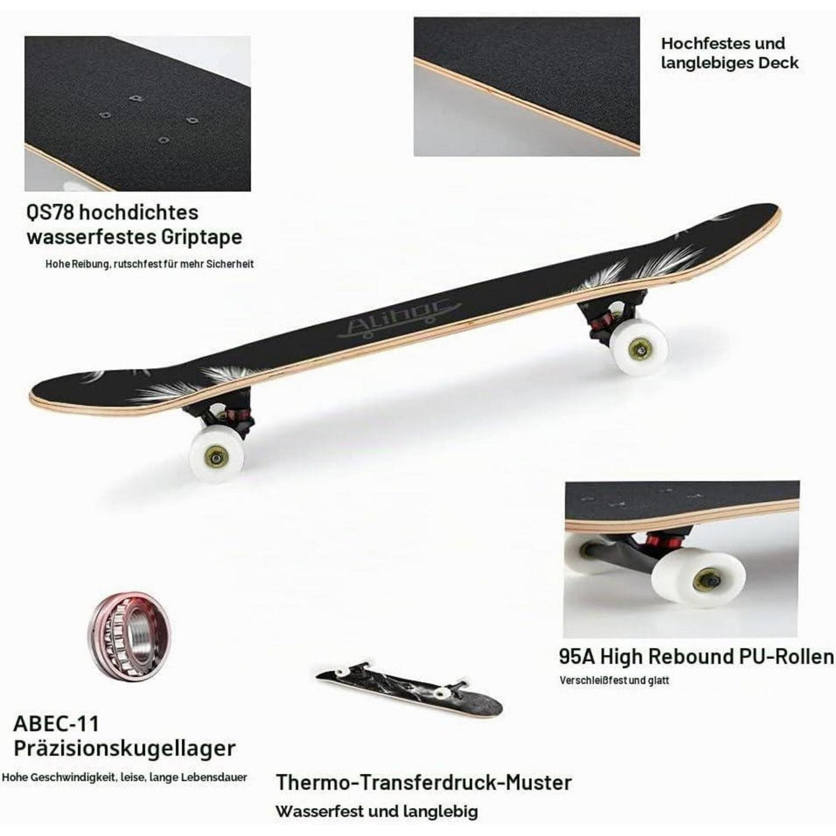 31 Zoll Skateboard – Robustes Ahornbrett für Anfänger & Profis
