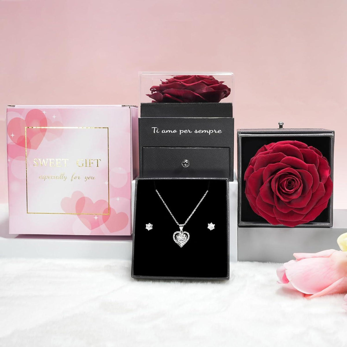 Konservierte Ewige Rose mit Herz-Halskette & Ohrringen