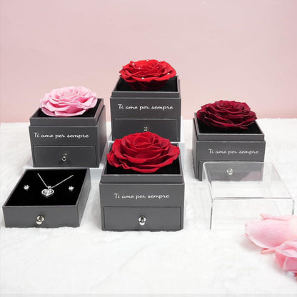 Konservierte Ewige Rose mit Herz-Halskette & Ohrringen