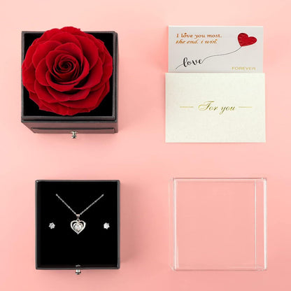 Ewige Rote Konservierte Rose Geschenkset Halskette Ohrringe Grußkarte