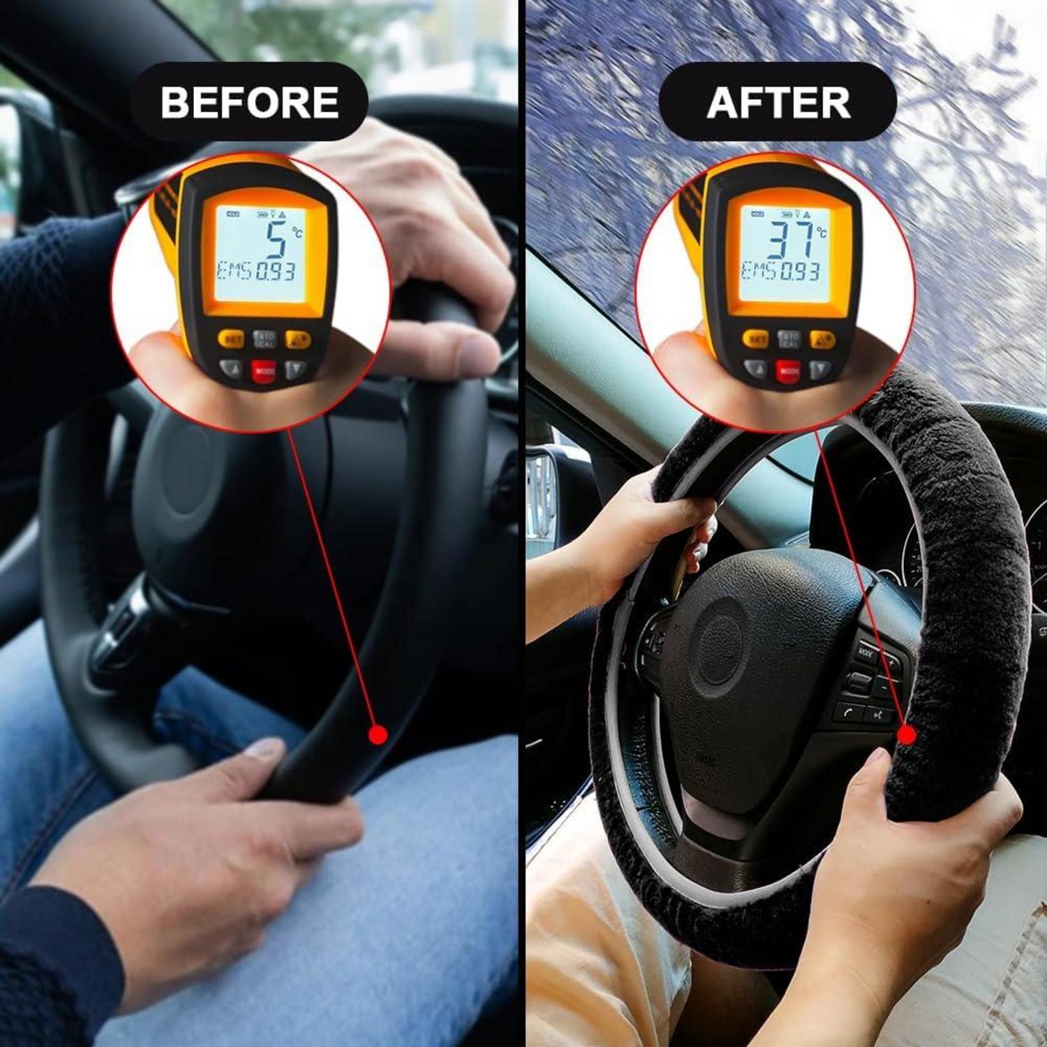 Schwarze Plüsch Auto Lenkradhülle Handbremse Getriebe Abdeckung, 36-39cm