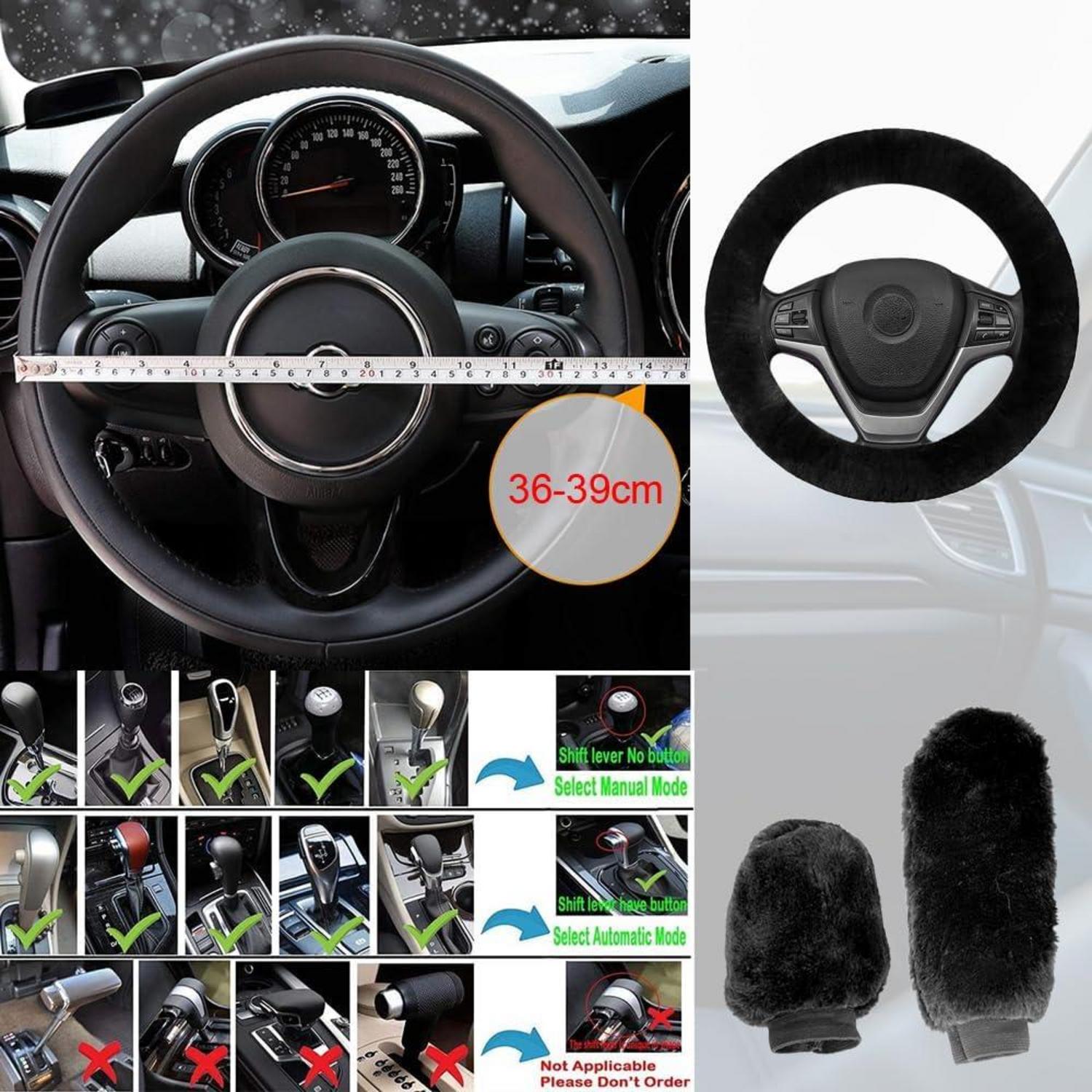 3er Set Auto Lenkradhülle Plüsch Handbremse Getriebe Schwarz