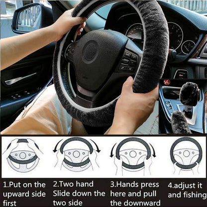 3er Set Auto Lenkradhülle Plüsch Handbremse Getriebe Schwarz