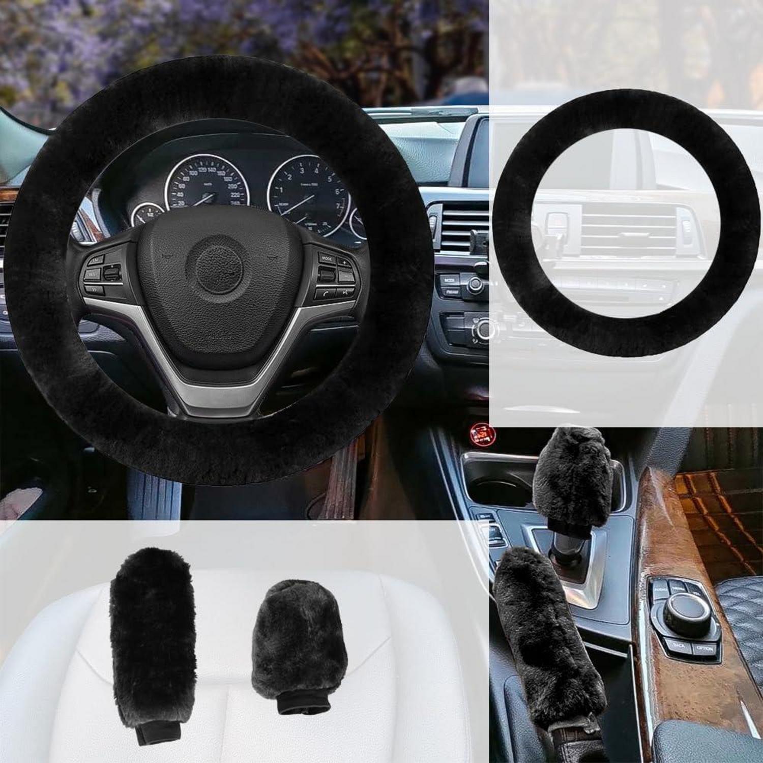 Schwarze Plüsch Auto Lenkradhülle Handbremse Getriebe Abdeckung, 36-39cm