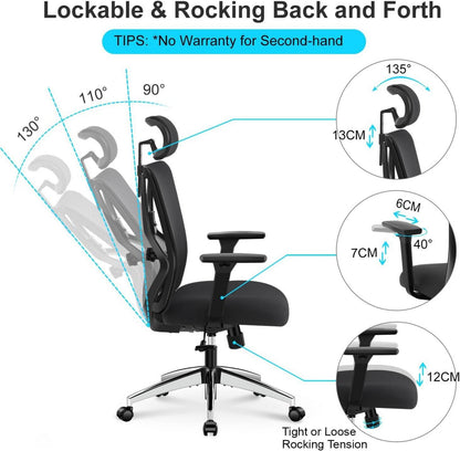 Ergonomischer Bürostuhl mit hoher Rückenlehne, Lendenwirbelstütze & 3D Armlehne