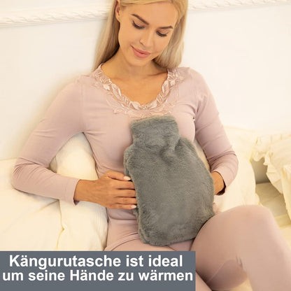 Wärmflasche mit Kängurutasche und Fellbezug 2L Grau