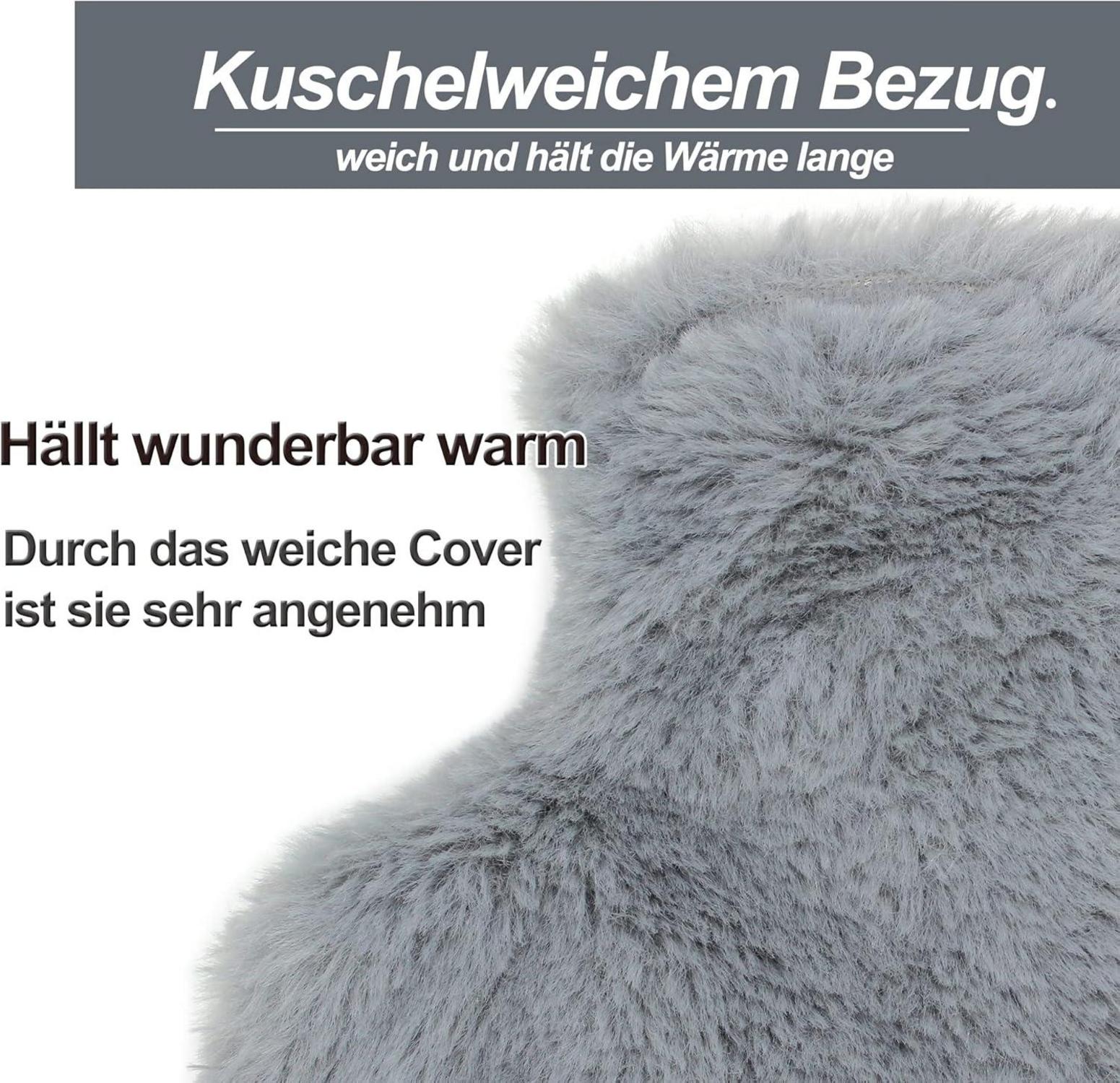 OWOZOI Wärmflasche 2L Flauschig Grau mit Kängurutasche Handwärmer