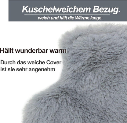 OWOZOI Wärmflasche 2L Flauschig Grau mit Kängurutasche Handwärmer