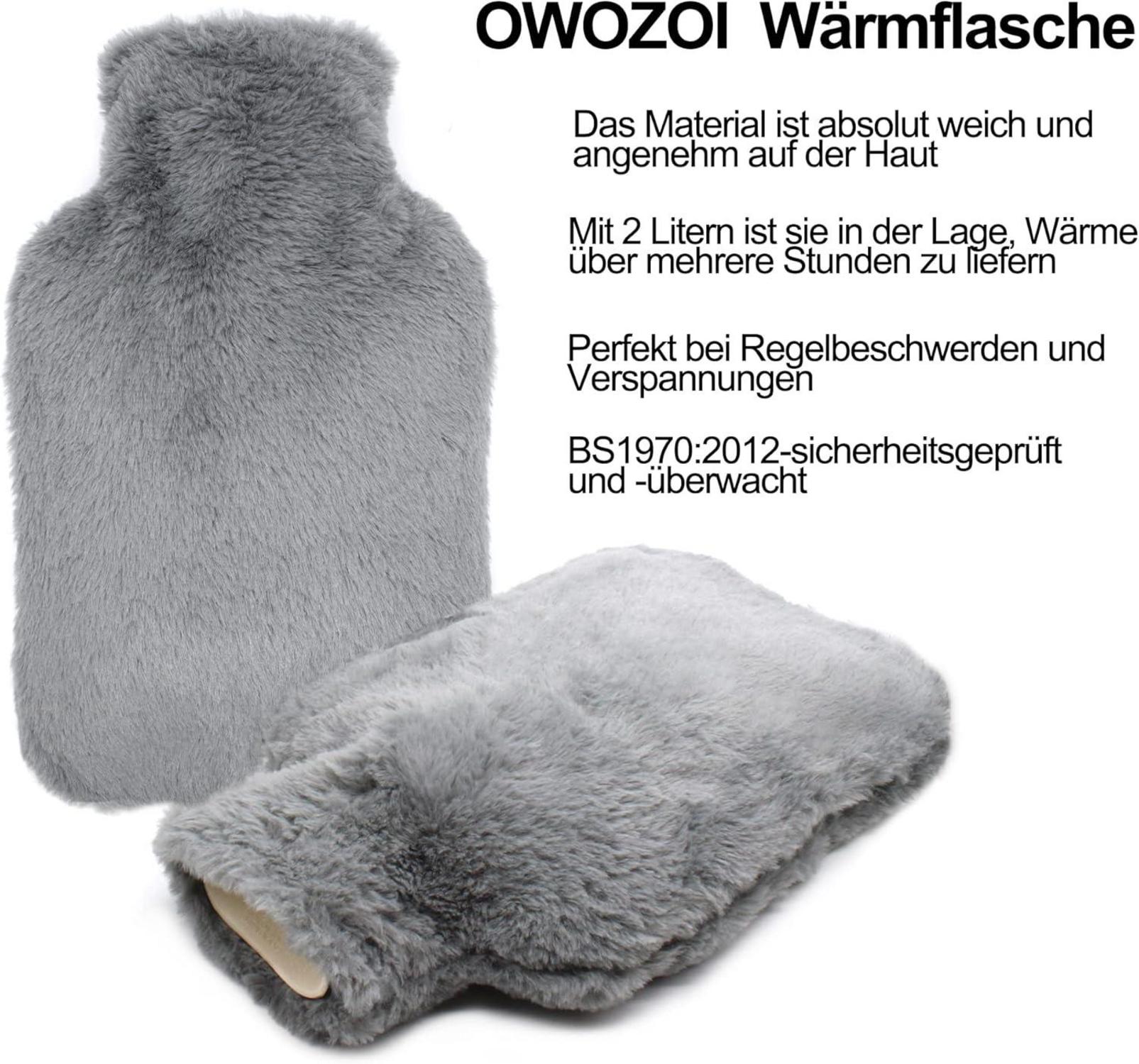 Wärmflasche 2L Grau Flauschiger Fellbezug Kängurutasche Handwärmer
