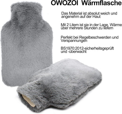 Wärmflasche 2L Grau Flauschiger Fellbezug Kängurutasche Handwärmer