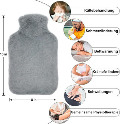 Wärmflasche 2L Grau Flauschiger Fellbezug Kängurutasche Handwärmer