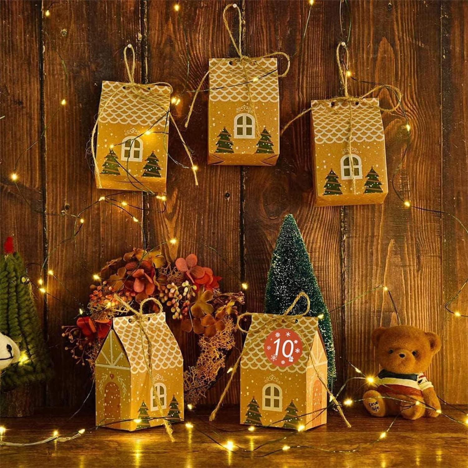 Adventskalender zum Befüllen faltbares Haus 24 Zahlenaufkleber Kordel