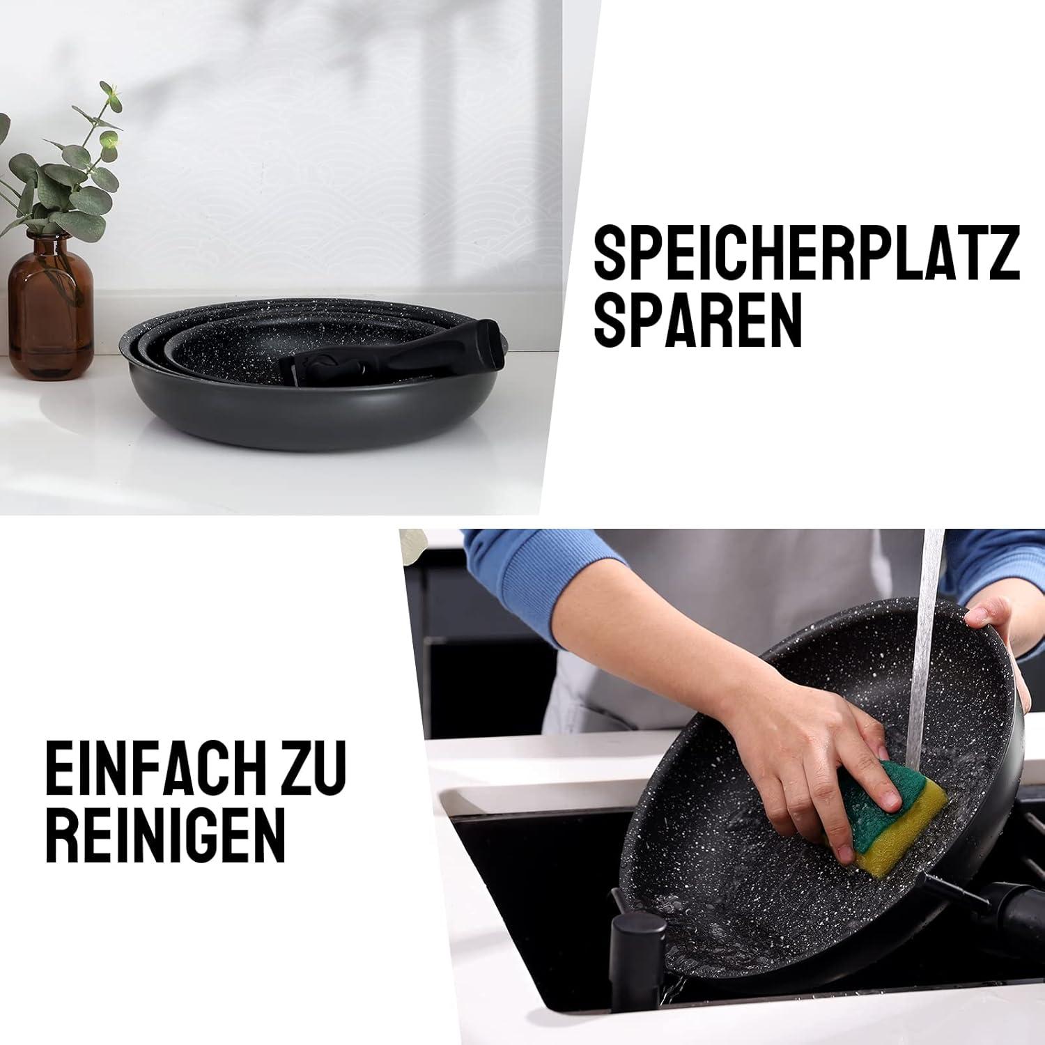 Pfannen-Set 4-tlg 20 24 28 cm abnehmbarer Griff Induktion Antihaft