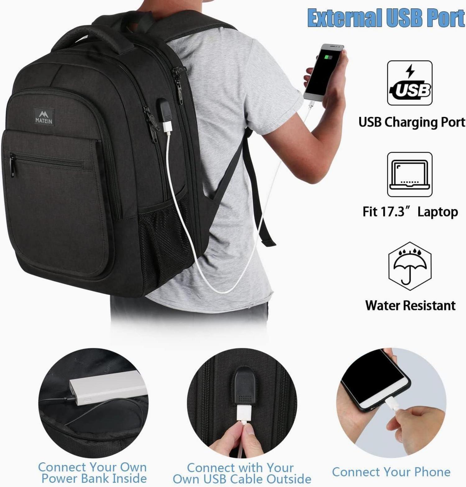 Großer Laptop Rucksack USB-Ladeanschluss schwarz 17,3 Zoll