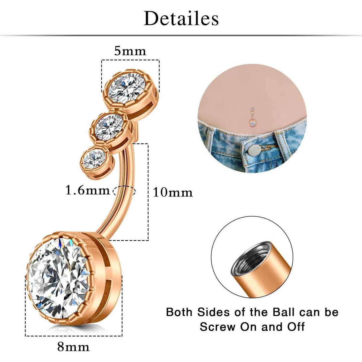 Bauchnabelpiercing 14G Rosegold Kristallkugel 3er Set