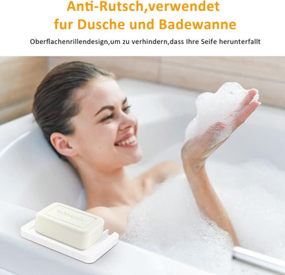 2er Set Weiße Silikon Seifenschalen mit Ablauf - Rutschfestes Design, für Badezimmer und Küche