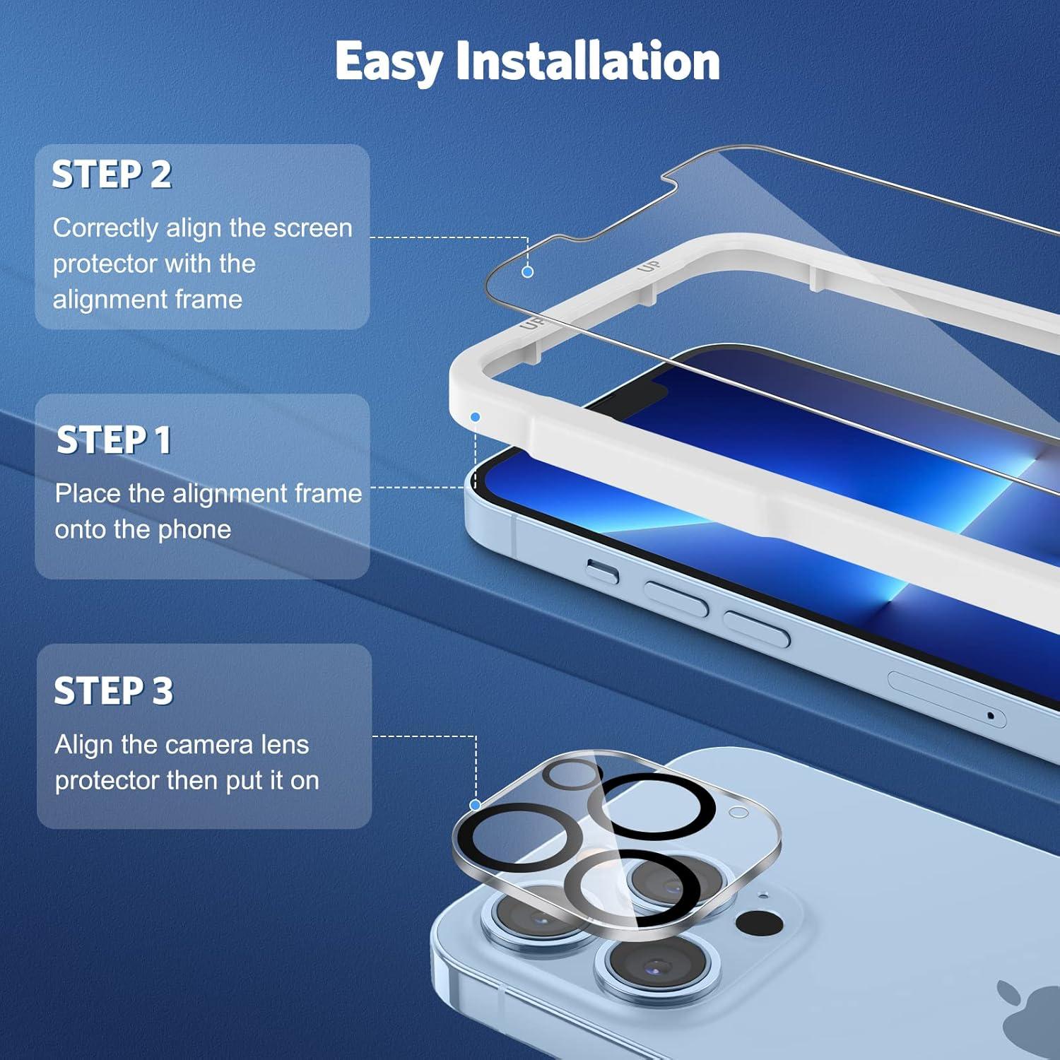 Panzer Schutzglas mit Rahmen-Installationshilfe für iPhone 13 Pro, 3+3