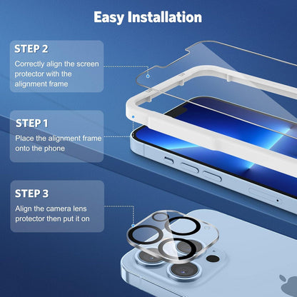 Panzer Schutzglas mit Rahmen-Installationshilfe für iPhone 13 Pro, 3+3