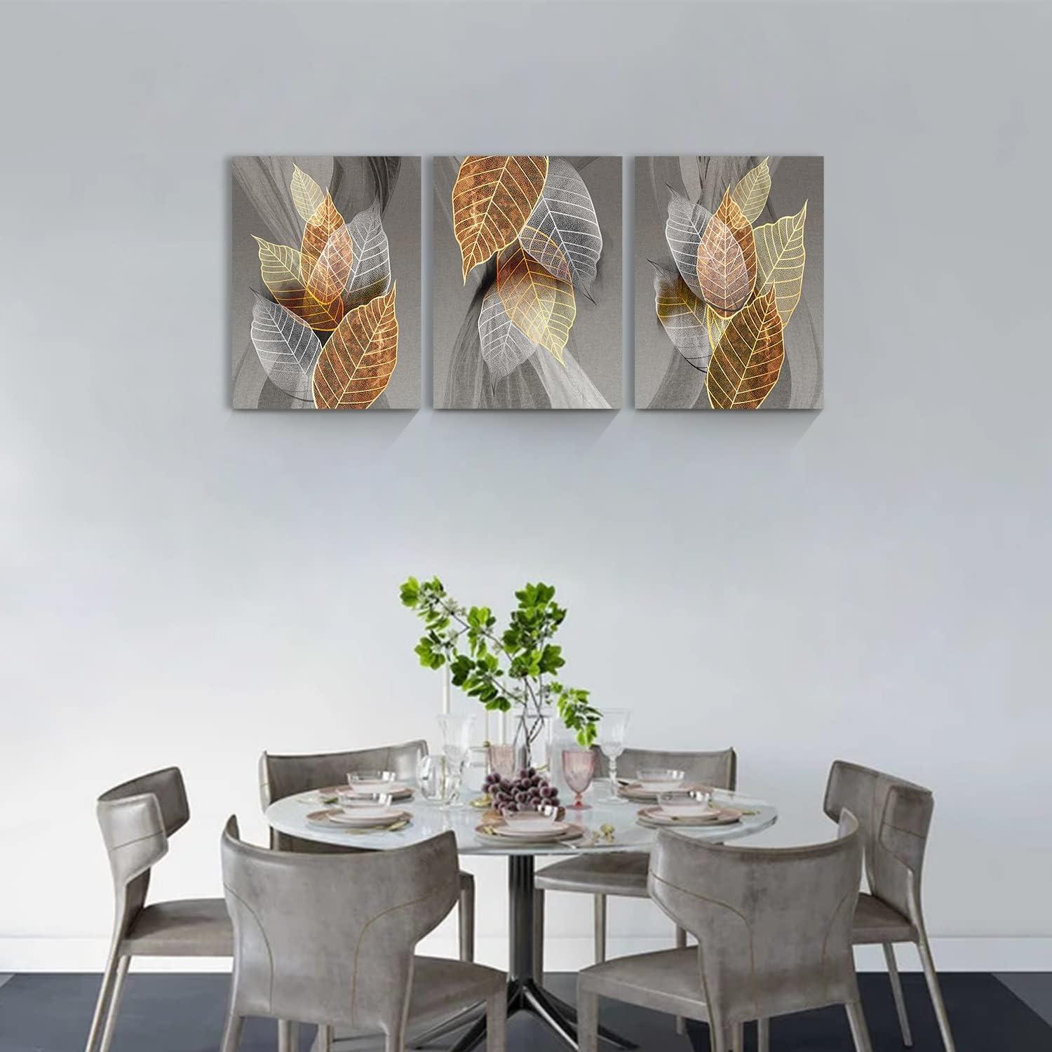 Hyidecorart Natur Blätter Golden Pflanzen Leinwandbilder 30x40cm 3Stk