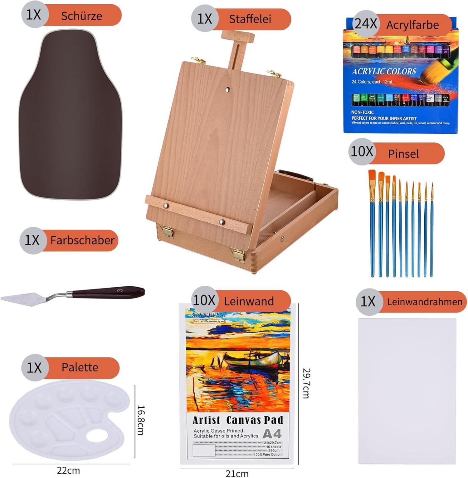 Acryl Malset mit Staffelei und 24 Farben - Künstler Malset
