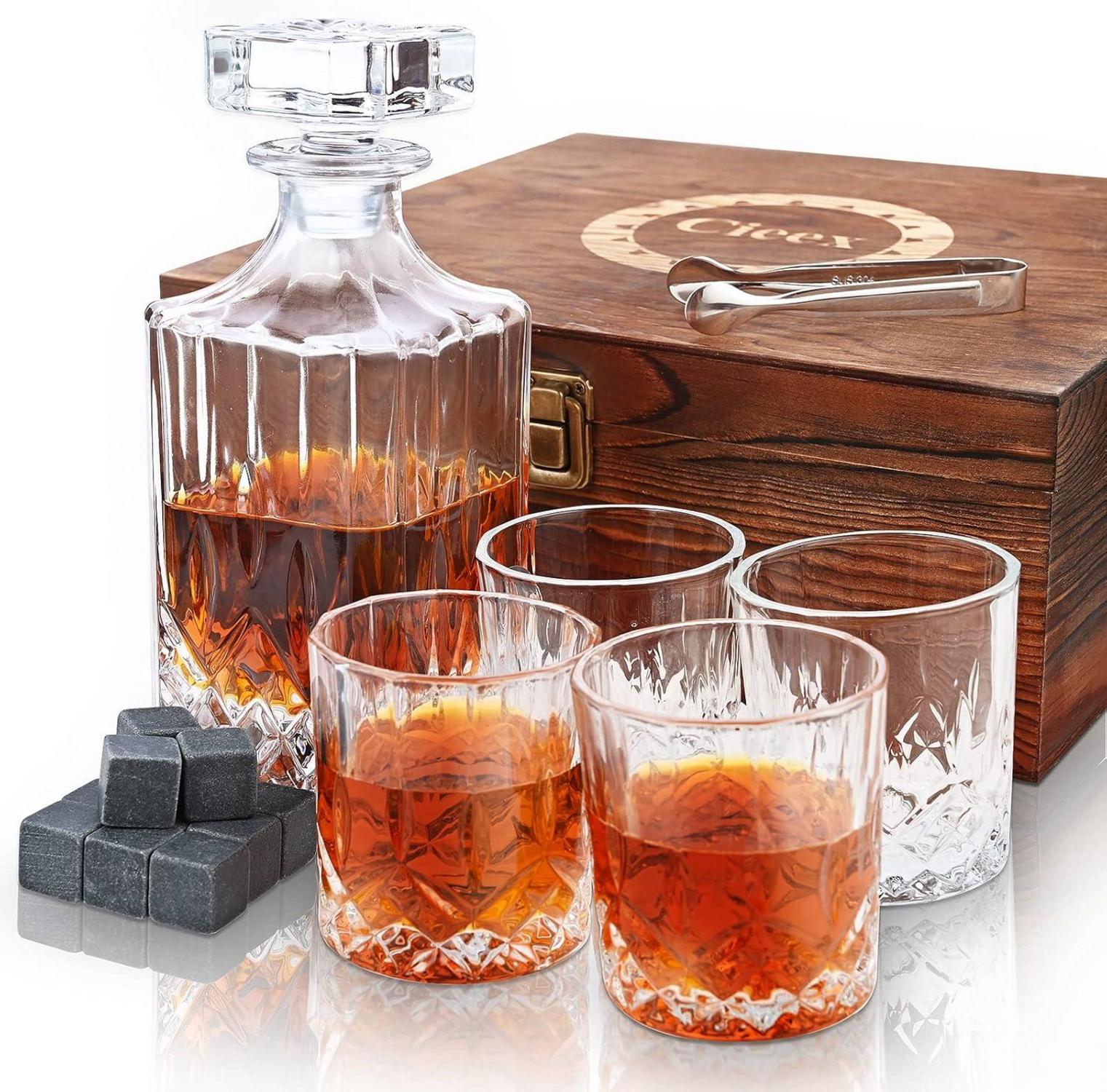 Whiskey-Karaffe Set 750ml, 4 Whiskeygläser, 12 Steine, Geschenkbox