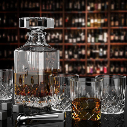 Whiskey-Karaffe Set 750ml, 4 Whiskeygläser, 12 Steine, Geschenkbox