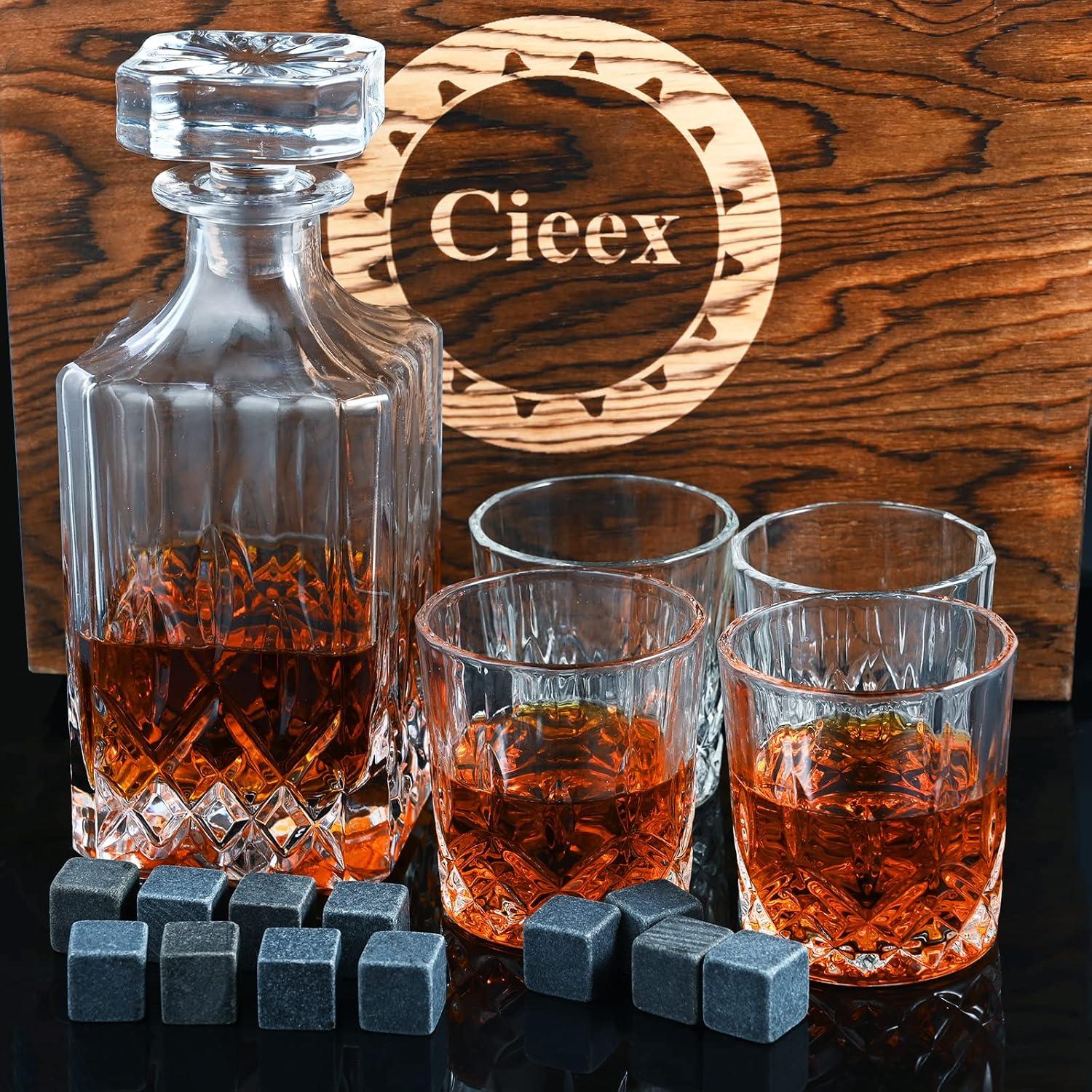 Whiskey Karaffe Set 750ml mit 4 Whiskeygläsern 12 Steine in Holzkiste