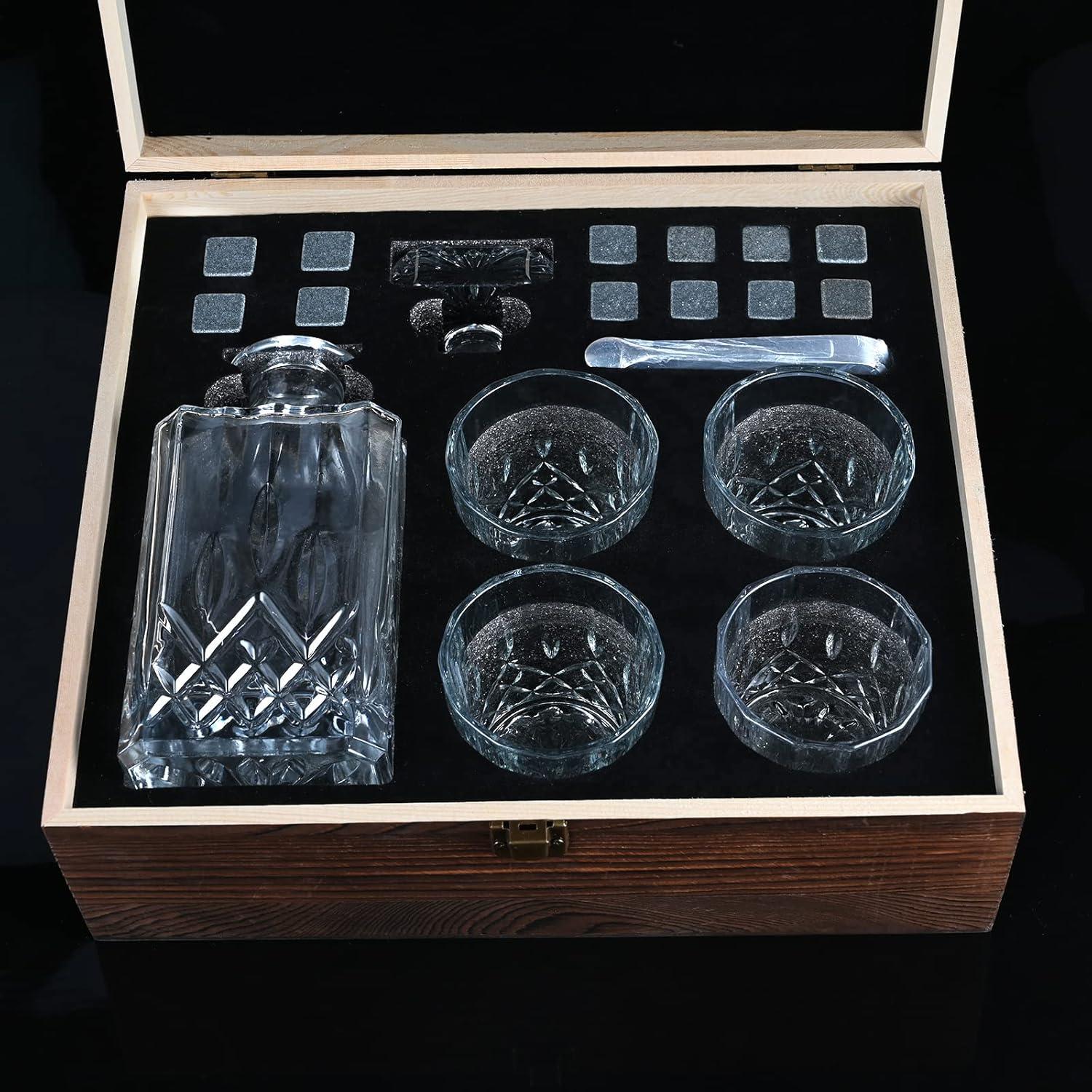 Whiskey-Karaffe Set mit 4 Gläsern 12 Steine Holzkiste Vatertagsgeschenk
