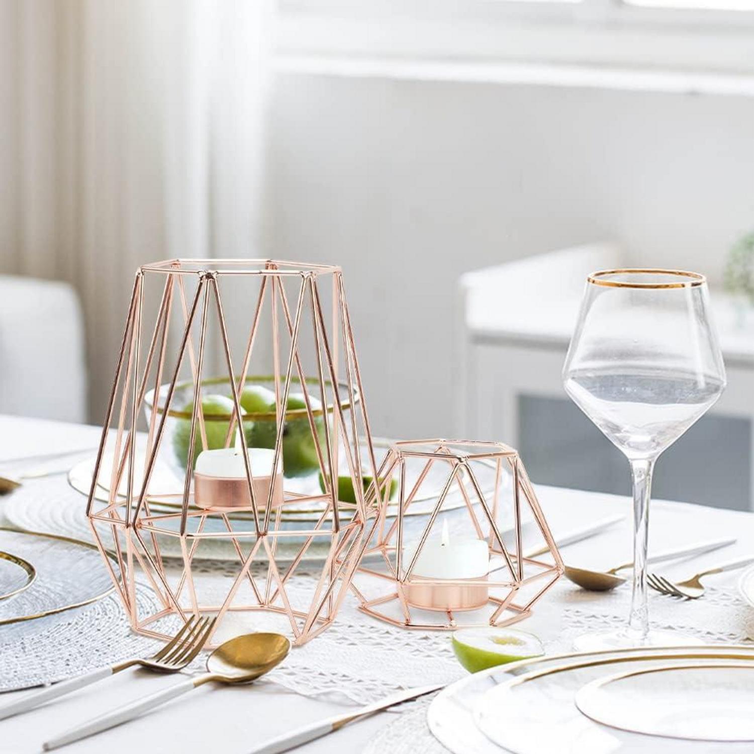 Geometrischer Kerzenhalter Set Rose Gold Metall Vintage Teelichthalter