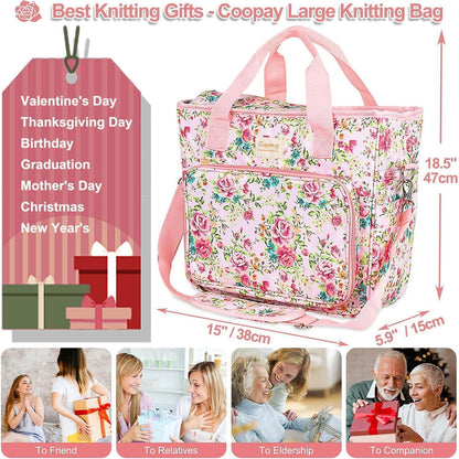 Große Stricktasche für Wolle und Häkelzubehör, Pinke Blumen L