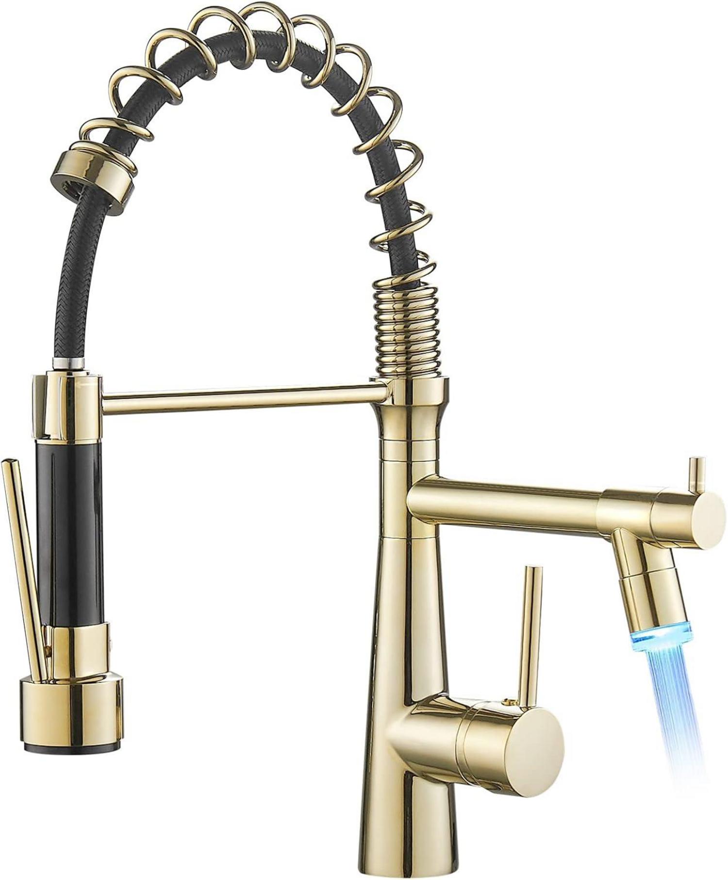 Gold LED Küchenarmatur mit Spiralfeder und 360° Schwenkbar
