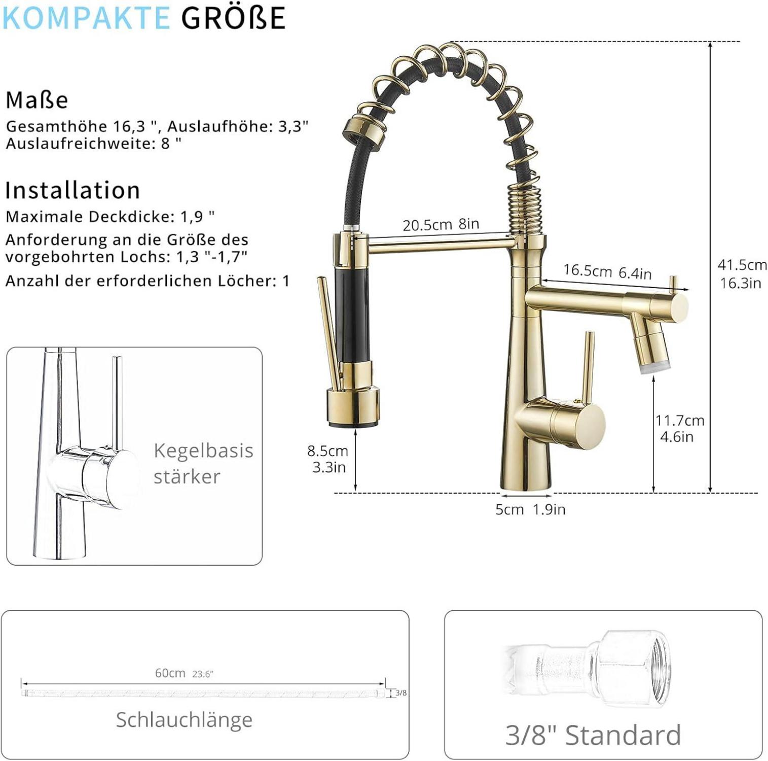 Gold LED Küchenarmatur mit Spiralfeder und 360° Schwenkbar