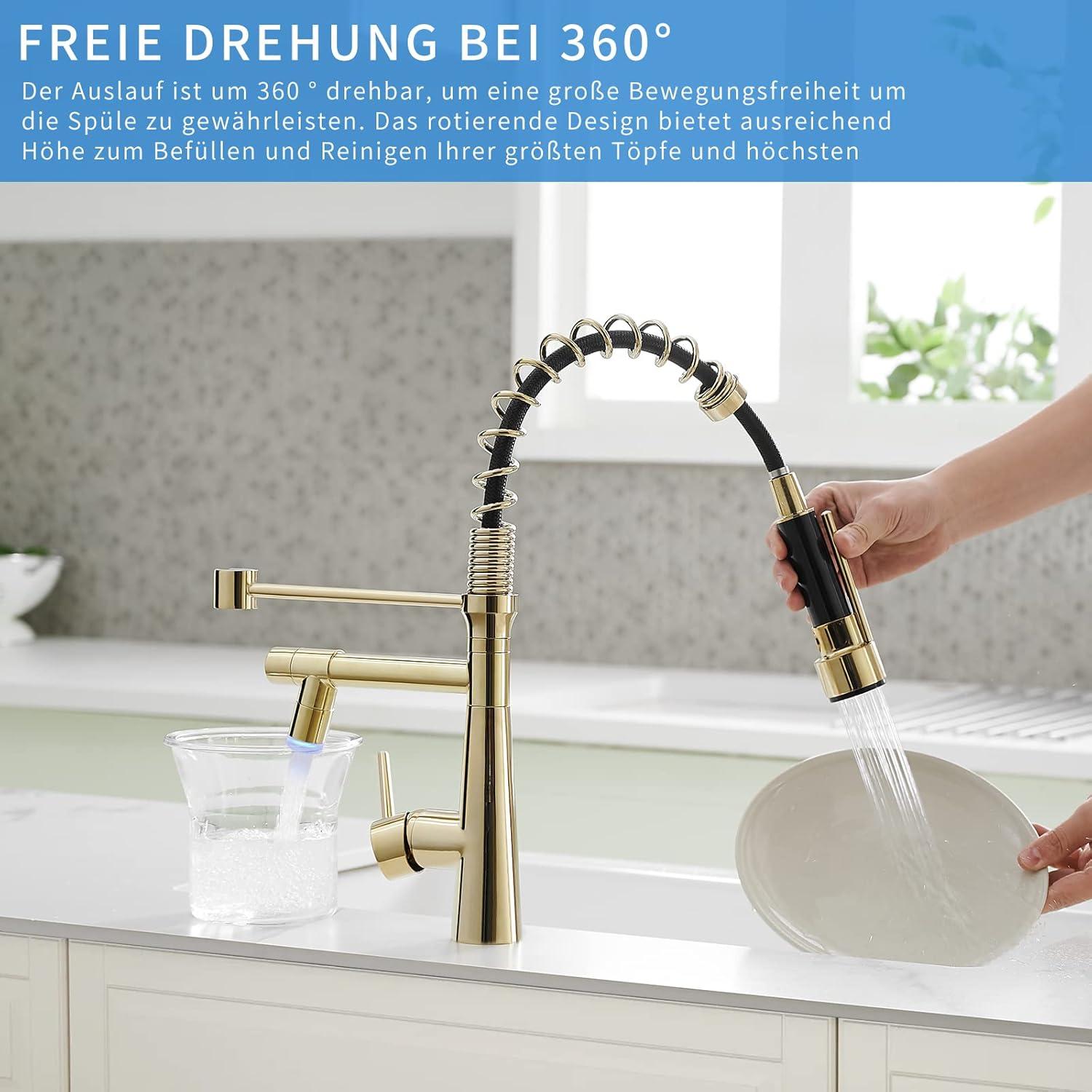 Gold LED Küchenarmatur mit Spiralfeder 360° schwenkbare Spültischarmatur Brause