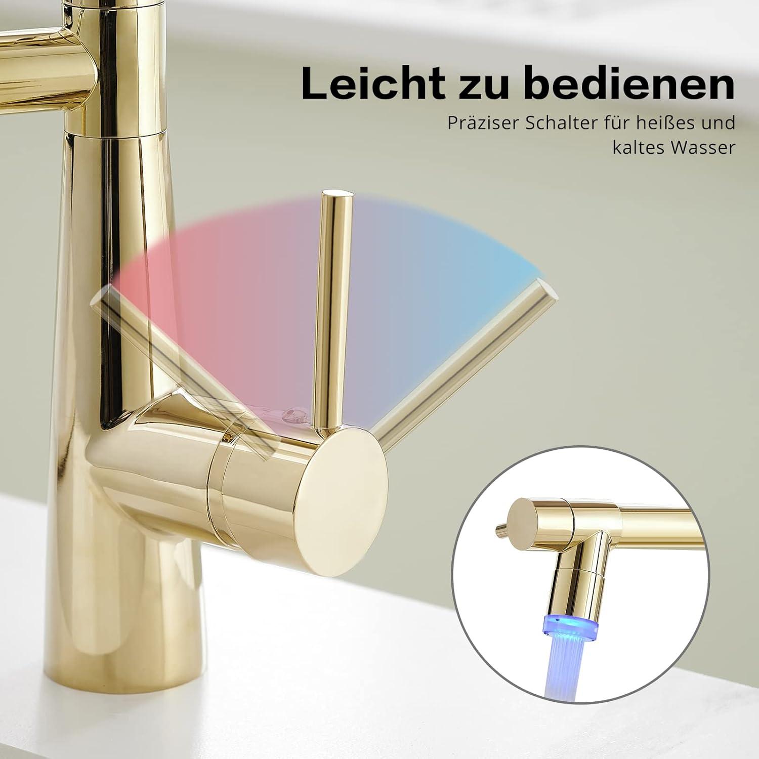 Gold LED Küchenarmatur mit Spiralfeder und Zwei Auslauf