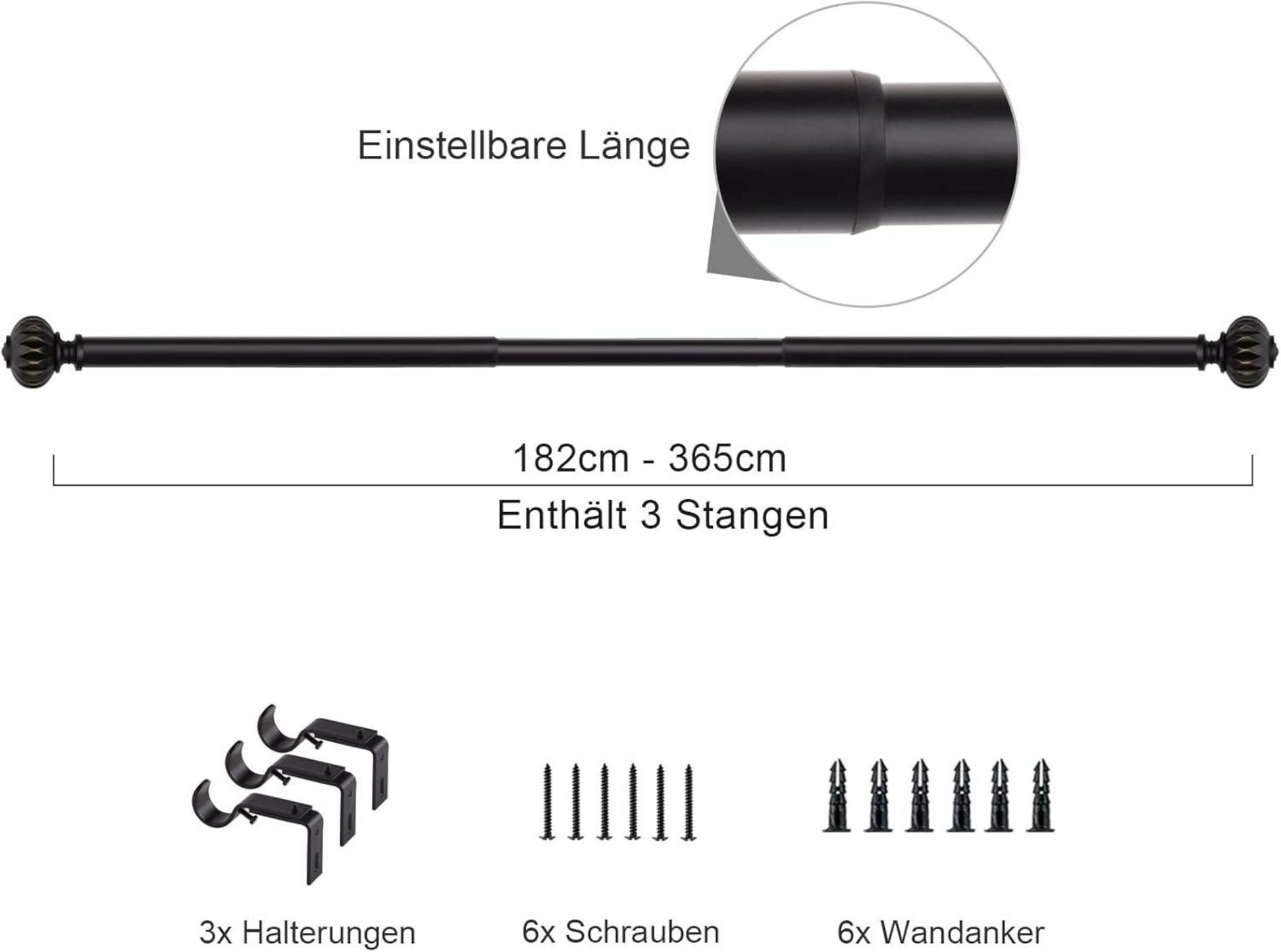 Ausziehbare Schwarz Metall Gardinenstange 182-365 cm Blütenstruktur