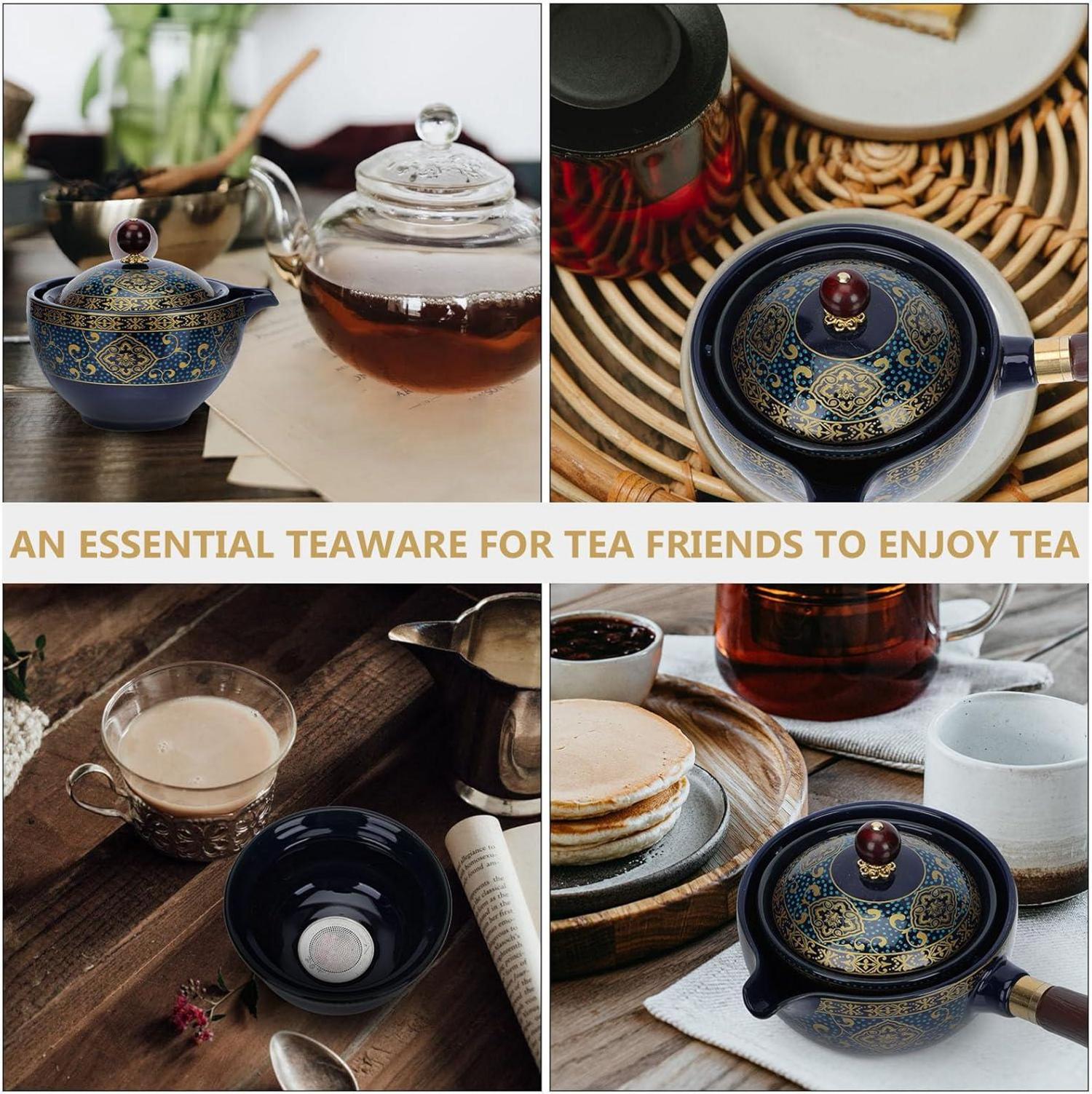 Japanische Keramik Teekanne Kyusu mit Holzgriff und Teesieb - Retro Stil