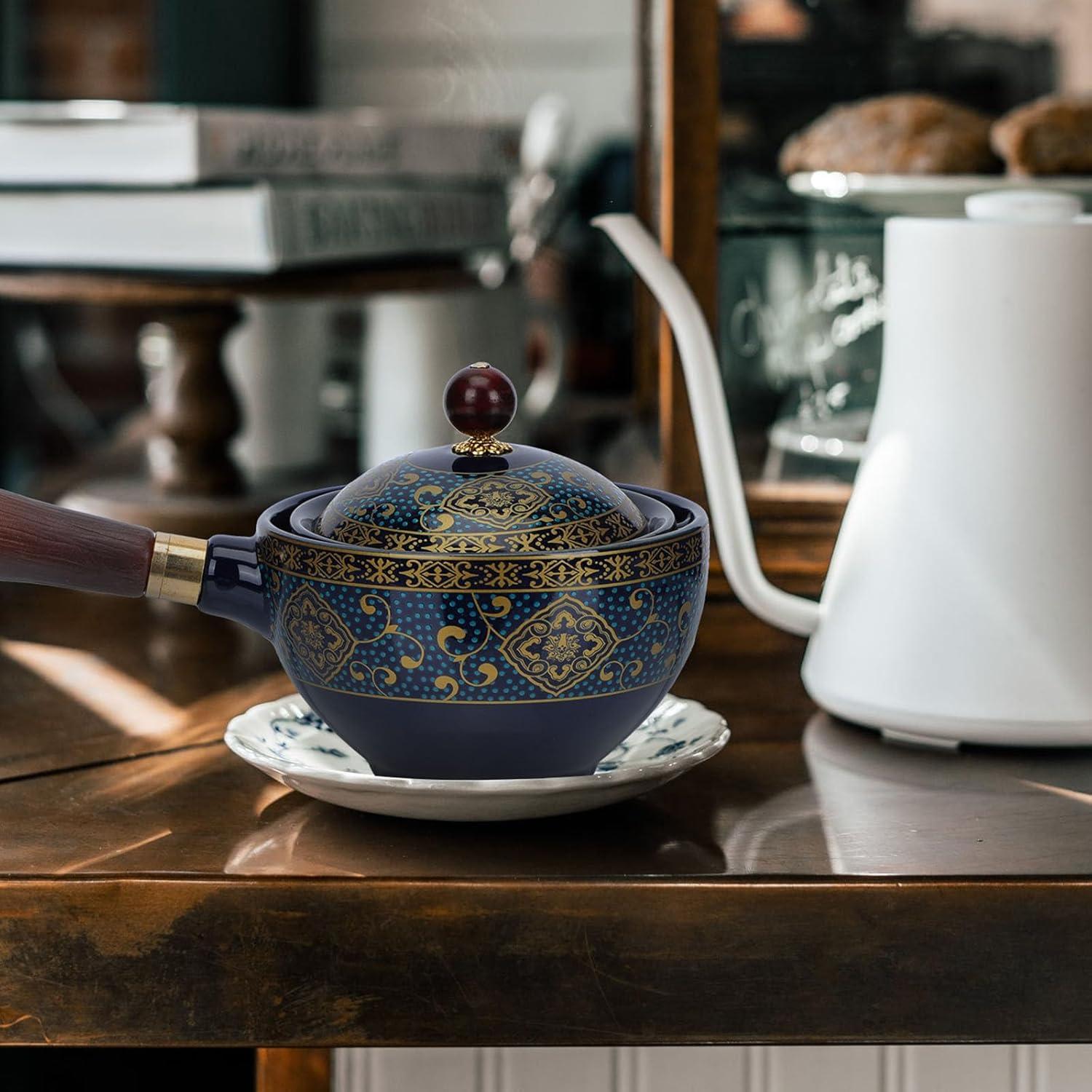 Japanische Keramik Teekanne mit Holzgriff und Teesieb - Retro Teekocher