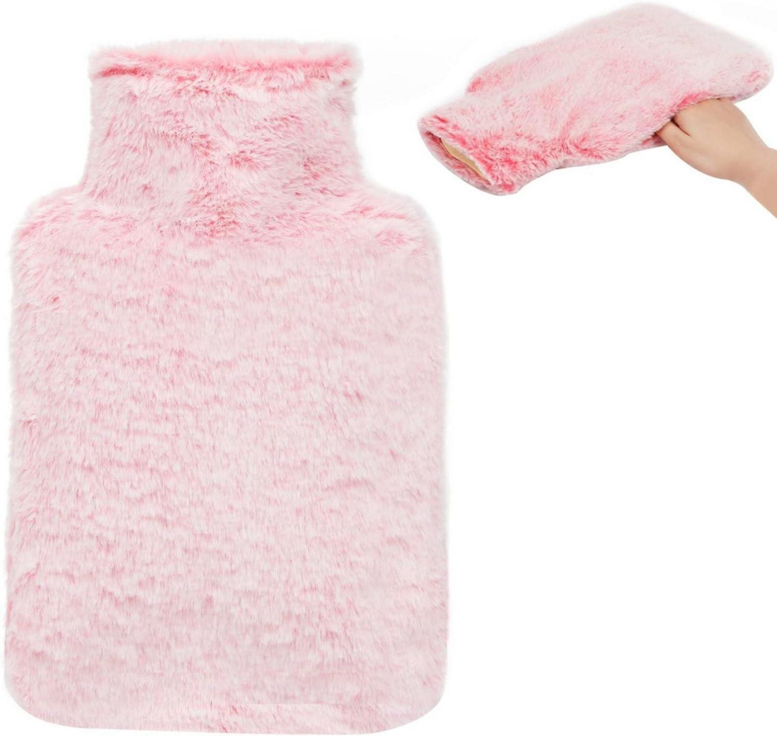 Flauschige Wärmflasche mit Kängurutasche, 2L Füllmenge, Rosa