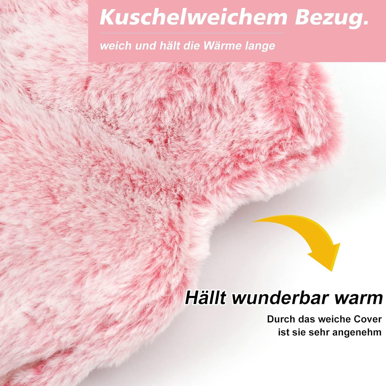 OWOZOI Wärmflasche mit Kängurutasche und Fellbezug 2L Rosa